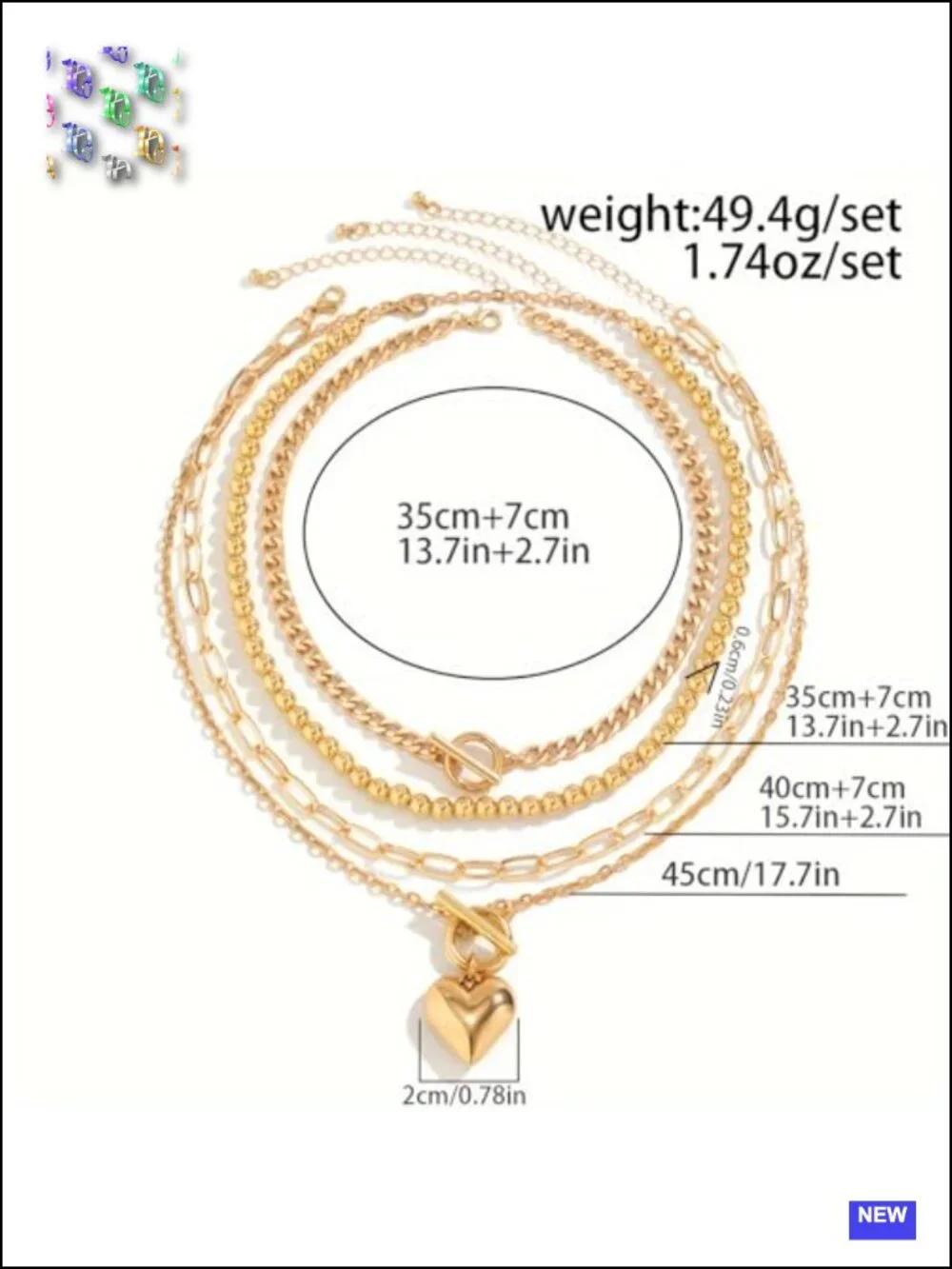 4pcs Layered Gold Plated Necklace Set NonTarnish Chunky Heart Pendant